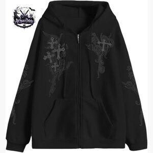 Oversized Zip Hoodie with Cross Graphic, Lightweight Polyester, Unisex